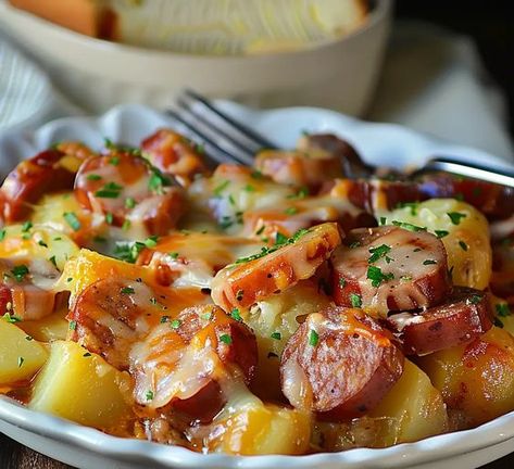 Slow Cooker Sausage and Potato Casserole - Grammy Recipes Sausage And Potatoes In Crockpot, Crockpot Kilbasa Sausage Recipes, Pork Sausage Crockpot Recipes, Sausage Stew Slow Cooker, Slow Cooker Sausage And Potato Casserole, Kalbasa Sausage Recipes, Recipes With Farmer Sausage, Slow Cooker Kielbasa And Potatoes, Slow Cooker Kielbasa Recipes