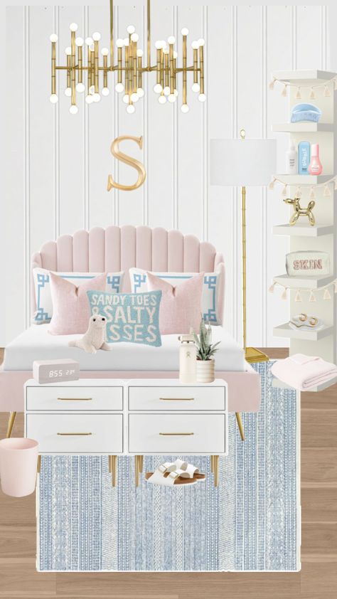 Pastel pink and blue coastal room! || 🎀 #preppy #bedroominspo #summer #bedroomaesthetic #bedroomaesthetic #bedroomdecor #coastal #coastalaesthetic #coastalgirl Dream Teen Bedrooms, Blue Girls Rooms, Girls Blue Bedroom, Blue And Pink Bedroom, Room Preppy, Dorm Room Styles, Preppy Bedroom, Coastal Room, Yellow Room