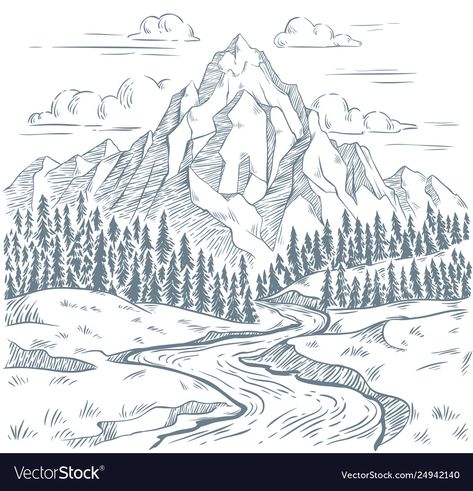 Mapping Design, River Drawing, River Logo, Mountain Sketch, Forest Drawing, Engraving Ideas, Mountain Drawing, Mountain Illustration, Nature Sketch