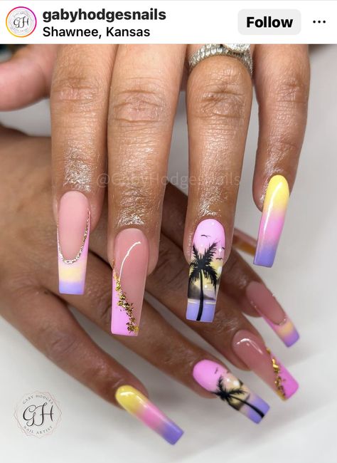 Palm Tree Nails, Beach Nail Designs, Sunset Nails, Tropical Nails, Cute Summer Nails, Vacation Nails, Beach Nails, Coffin Nails Designs, Cute Nail Designs