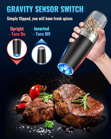 【Automatic Operation】Our Electric Pepper and Salt Grinder with Gravity sensor switch, you even needn’t to press a button, Simply flipped the grinder and you will have fresh ground spices, Convenient and funny. Battery powered, each grinder requires 6 AAA batteries, batteries not included.
【Adjustable Grinder】 Many grinding levels for your choice allows you to grinder your spices from coarse to fine. Electric Pepper and Salt Grinder use a high-quality ceramic rotor. Electric Pepper Grinder, Spice Grinders, Salt Grinder, Fresh Spices, Pepper Salt, Salt And Pepper Grinders, Gourmet Cooking, Blue Led Lights, Aaa Batteries