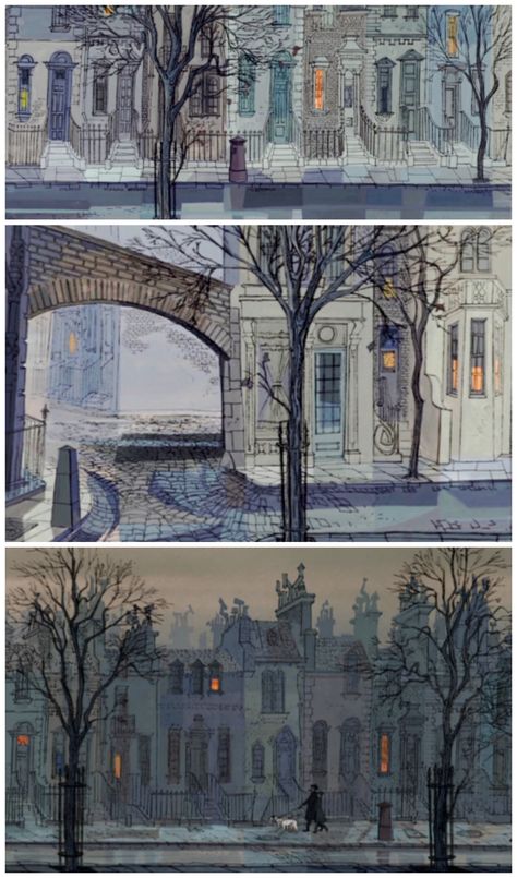 Amazing Backgrounds from 101 Dalmations  Walt Disney Studios, 1961  Ken Anderson, art director and production designer Concept Art Disney, Ken Anderson, Amazing Backgrounds, 101 Dalmations, 동화 삽화, Bg Design, Disney Background, Disney Concept Art, Walt Disney Studios