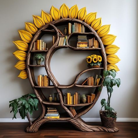 Sunflower Bookshelf, Flower Furniture Design, Woodland Mushroom Fairy, Easy Home Decor Ideas, Ideas Room Decor, Flower Furniture, Sunflower Home Decor, Library Interior, Tree Bookshelf