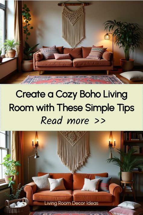 Cozy bohemian living room featuring velvet sofa and macramé decor Cozy Boho Living Room, Cozy Furniture, Antique Side Table, Cozy Boho, Creative Wall Art, Living Room Decor Ideas, Laundry Room Storage, Neutral Color Scheme, Room Decor Ideas