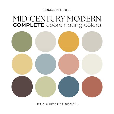 Explore Benjamin Moore's MID CENTURY MODERN color palette, designed to inspire a cohesive whole house paint palette reflecting the iconic mid-century modern style with a versatile color scheme idea and coordinating colors. These colors have been hand selected by me to create a cohesive Paint Color Scheme that work perfectly together and will give your home a designer touch. Benjamin Moore offers an extensive range of paint colors, each with its distinct undertones, which can sometimes make the s Color Palette For Wall Paint, Apartment Decor Color Palettes, Colour Palette Mid Century Modern, Mid Century Modern Boho Color Palette, Terracotta And Mustard Color Palette, Midcentury Boho Color Palette, Colors That Go Well With Honey Oak, Farrow And Ball Mid Century Modern, New House Color Palette