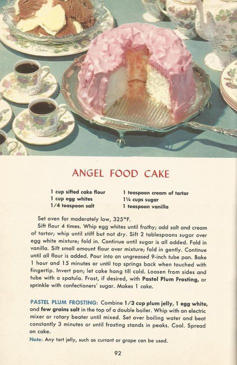 Vintage Recipes, 1950s Cakes, Angel Food Cake Vintage Lunch Recipes, Vintage Recipe Books, Vintage Recipes 1950s Grandmothers, Vintage Recipes 1950s, Vintage Dessert Recipes, Cottagecore Baking Recipes, Vintage Cake Recipes, Traditional Wife, 1950s Food