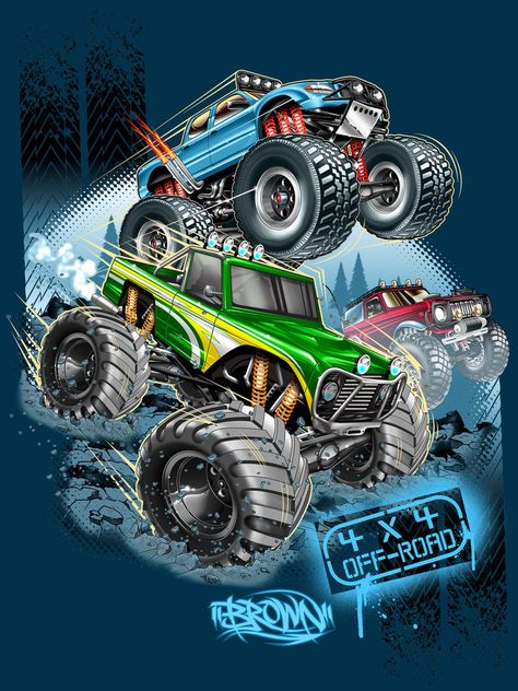 MOUNTAIN TRASHING TRUCKS Monster Jump, Hot Wheels Invitations, Truck Tattoo, Monster Pictures, Monster Car, Kids Wraps, Costumes Around The World, Monster Truck Party, Fashion Design For Kids