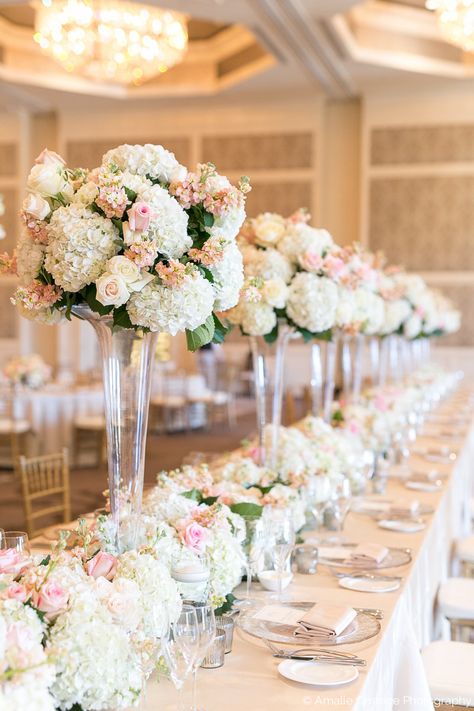 Ballroom Wedding Flowers, Pink Hydrangea Wedding, Wedding Flower Arrangements Table, Peach Stock, Wedding Reception Head Table, Reception Head Table, Sound Panels, Tall Centerpiece, Wedding Flowers Hydrangea