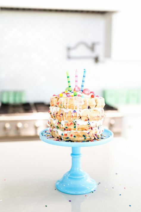 How to Make a Waffle Cake | In my opinion, celebration means party and a party means CAKE! I decided to try something really different…a waffle cake! || JennyCookies.com #wafflecake #birthdaycake #wafflerecipe Breakfast For Husband, Waffle Birthday, Birthday Breakfast For Husband, Husband Ideas, Cake Unique, Easy Waffle Recipe, Jenny Cookies, Birthday Cake For Husband, Cake For Husband