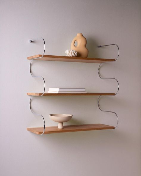 Oak Wood Shelves, Chrome Design, Chrome Colour, Wall Shelf, Wood Shelves, Oak Wood, Wall Shelves, Floating Shelves, The Wall