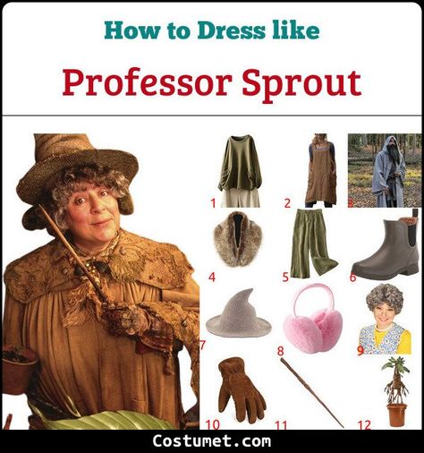 Diy Harry Potter Costumes Adults, Profesor Sprout, Pomona Sprout Costume, Harry Potter Professor Costumes, Professor Sprout Costume Diy, Best Harry Potter Costumes, Adult Harry Potter Costume, Professor Sprout Costume, Easy Harry Potter Costume