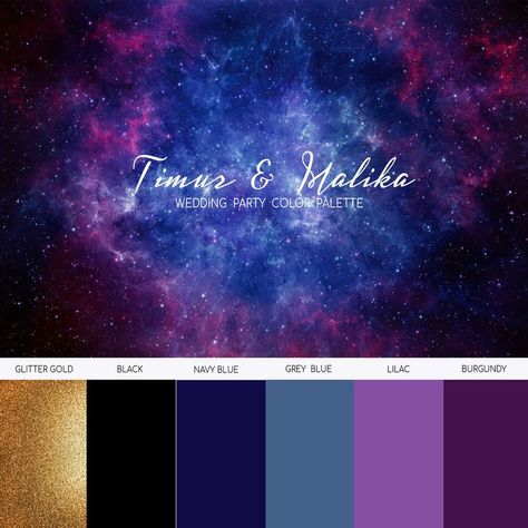 Starry Night Wedding Colors, Celestial Colour Palette, Celestial Wedding Theme Color Schemes, Celestial Wedding Color Palette, Night Court Wedding, Prom Themes Starry Night, Celestial Color Palette, Galaxy Color Palette, Emo Wedding