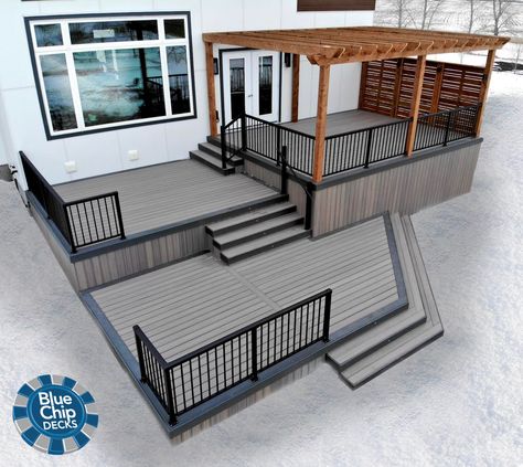 Decks deckideas TREX trexdecking pergola deckdesign Outdoor Raised Deck Ideas, Deck For Sloped Backyard, Deck Two Level, 12x16 Deck Ideas, Multi Layer Deck Ideas, Back Deck Steps Down To Patio, Three Level Deck, 3 Tier Deck, Trex Pergola Ideas