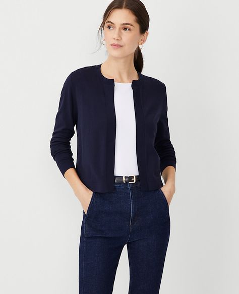 Seasonless Cropped Open Cardigan Outfit With Loafers Women, Navy Cardigan Outfit, Short Black Cardigan, Lauren Conrad Collection, Cropped Button Up Shirt, Rose Cardigan, Chic Cardigan, Navy Blue Cardigan, Soft Gamine