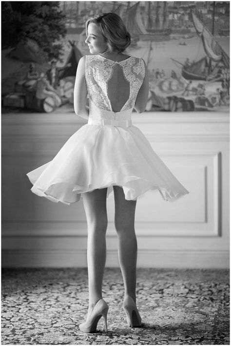 Cute short cocktail wedding dress by Fabienne Alagama #weddingdress Absolutely stunning.  If you have the legs, why not? Wedding Dress Tea Length, French Wedding Dress, Wedding Dress Silk, Short Bridal Gown, Draped Wedding Dress, Wedding Dress Black, Lovely Wedding Dress, Wedding Dresses 2014, Black And White Photograph