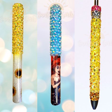 Custom made rhinestone pens #rhinestone #pencil #pen #inkjoy #mermaid #sunflower Rhinestone Pens, Soldotna Alaska, Pen Ideas, Celestial Crystal, Crocheted Items, Bow Shop, Pencil Pen, Glitter Pens, Coming Home Outfit