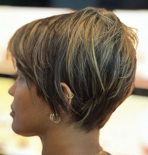 Image 1 of 1 Long Pixie Back View, Pixie Hairstyles 2024, Pixie Haircut Long On Top, Long Pixie Haircut For Thick Hair, Pixie Bob Haircut For Fine Hair, Long Layered Pixie Haircut, Stacked Pixie Haircut, Back Of Pixie Haircut Neckline, Bixie Colour Haircut 2024