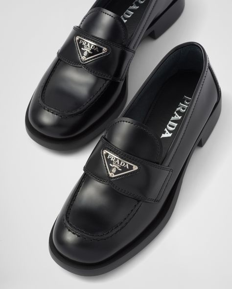 Black Unlined brushed leather loafers | PRADA Prada Loafers, Prada Women, Leather Loafers Women, Women Loafers, Loafers Women, Triangle Logo, Khaki Green, Black Flats, Leather Band