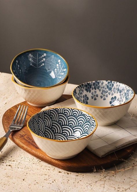 Asian Porcelain Blue,White Rice Serving Bowl  Set | Japanese Style Floral Tableware | Handpainted Geometric Design Dishware Plates And Bowls Set Ceramic, Plates Bowls Set, Japanese Dishes Set, Cute Dinnerware Set, Japanese Bowls Ceramic, Cute Plates And Bowls Set, Japanese Table Setting Decor, Aesthetic Plates And Bowls, Funky Plates