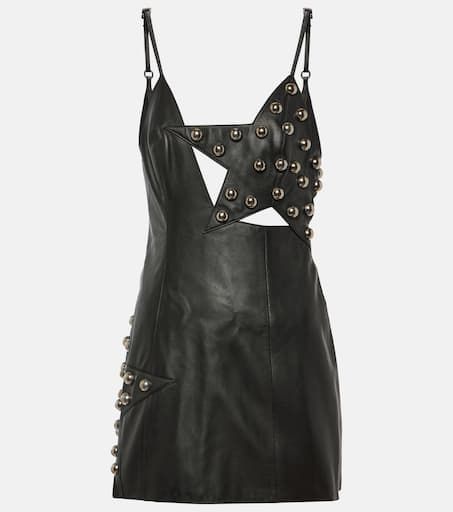 Studded leather minidress in black - Area | Mytheresa Sleeveless Leather Mini Dress For Club, Edgy Leather Mini Dress For Night Out, Sleeveless Leather Club Dress, Sleeveless Leather Dress For Club, Chic Leather Mini Dress, Fitted Leather Dress With Edgy Style, Edgy Fitted Leather Dress, Fitted Leather Edgy Dress, Edgy Leather Evening Dress