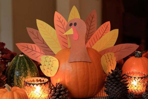 Create a Cute Pumpkin Turkey Centerpiece for Thanksgiving | Marin Mommies Pumpkin Turkey, Thanksgiving Kids Table, Thanksgiving Turkey Craft, Thanksgiving Crafts Diy, Centerpiece Craft, Turkey Crafts, Unique Thanksgiving, Thanksgiving Preschool, Turkey Craft