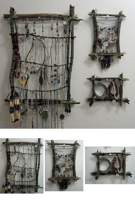 Jewelry holder I made from twigs and ribbon Stick Jewelry Holder, Jewelry Rack Diy, Twig Jewelry Holder, Branch Jewelry Holder, Wall Jewelry Holder, Cottagecore Jewelry Holder, Creative Dorm Ideas, Ribbon Holder Diy, Diy Wood Jewelry Holder