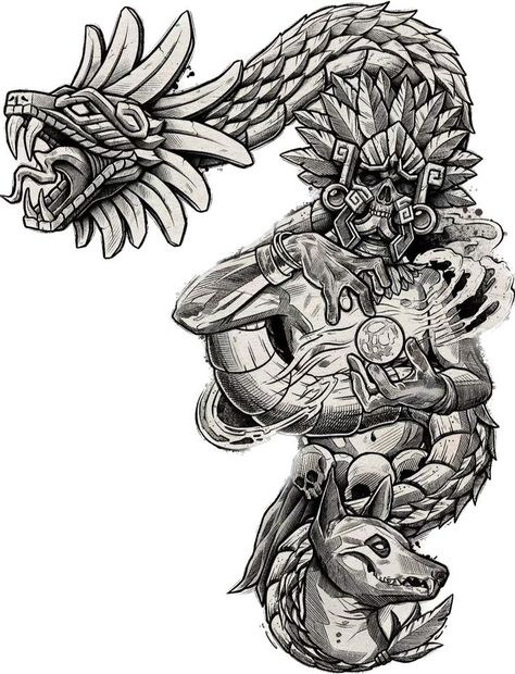 Mayan Tattoos Sleeve, Aztec Princess Tattoo Goddesses, Mexican Tattoo Ideas For Men Aztec, Aztec Gods Tattoo, Kukulkan Tattoo, Aztec Art Tattoo, Aztec Eagle Tattoo, Tattoo Design Sketches, Aztec Tattoo Mexican