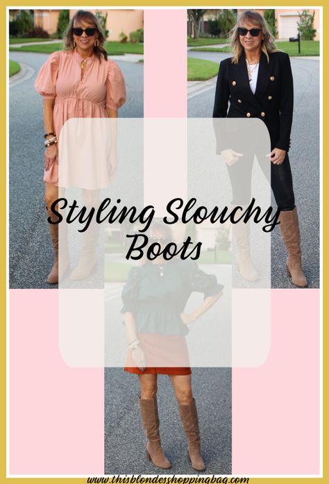 Styling Slouchy Boots - This Blonde's Shopping Bag How To Style Slouchy Boots, Slouchy Boots Outfit 2023, Black Slouchy Boots Outfit, Slouch Boots Outfit, Slouchy Boots Outfit, Riding Boot Outfits, Flat Riding Boots, Loose Fitting Pants, Slouchy Boots