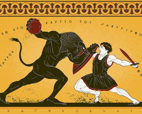 Theseus And The Minotaur, Minoan Art, The Minotaur, Roman Gods, Ancient Greek Art, Greek Pottery, Black Figure, Greek Tattoos, Greek And Roman Mythology