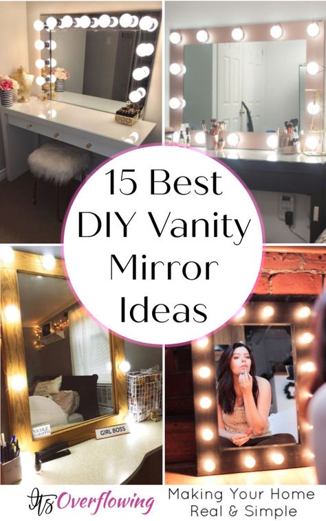 Cheap and Easy DIY Vanity Mirror Cheap Vanity Mirror With Lights, How To Make A Vanity Mirror With Lights, Diy Vanity Mirror With Lights Cheap, Diy Mirror Lights, Make Up Mirror Ideas, Cheap Mirror Ideas, Diy Makeup Vanity Cheap, Diy Makeup Mirror With Lights, Diy Lighted Vanity Mirror