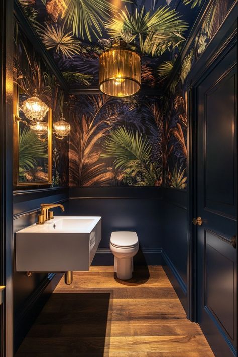 Bar Restroom Design, Hip Bathroom Ideas, Watercloset Bathroom Wallpaper, Jungle Toilet Design, Wallpaper Toilet Room Ideas, Fun Bathroom Inspiration, Dark Downstairs Toilet Ideas, Small Bathroom Moody, Dark Bathroom Ideas Color Schemes