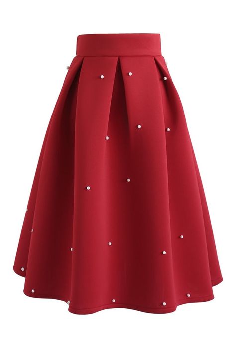 Pearls Bliss Airy Pleated Midi Skirt in Red - Retro, Indie and Unique Fashion Pleated Skirt With Sweater Outfit, Prom Skirt And Top, Rabato Coat, Pearl Skirt, Rok Midi, Jacquard Midi Skirt, Prom Skirt, Red Midi Skirt, Unique Skirts