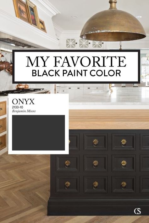 Onyx is one of the best black paints for kitchen cabinets. It is one of the softer of the black options out there. It’s a smooth, charcoal black—but certainly not grey. And it works wonders in the right space. Light Floors Black Cabinets, Black Cabinet Paint Color, Black Cabinet Paint, Cabinet Color Combinations, Kitchen Colors Ideas, Charcoal Kitchen, Kitchen Cabinets Color Combination, Breakfast Counter, Kitchen Cabinet Color