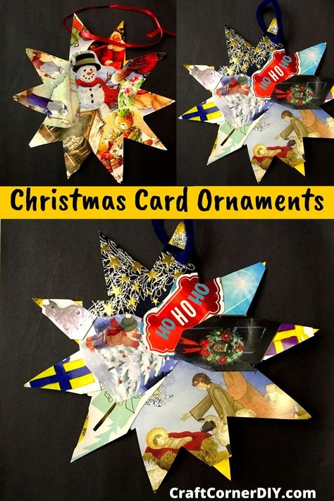 Not sure what to do with all of the Christmas cards? Learn how to turn Christmas cards into ornaments and thank you notes. This is a great Christmas craft to recycle Christmas cards. #Christmaskidscraft #ornamentkidscraft Christmas Ornaments Homemade Kids, Upcycle Christmas, Christmas Card Collage, Old Christmas Cards, Card Ornaments, Recycle Christmas Cards, Upcycled Christmas, Kids Christmas Crafts Easy, Christmas Card Ornaments