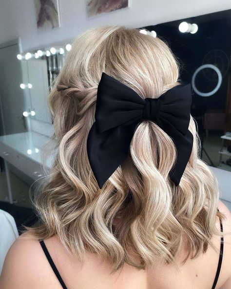 Half Up And Half Down Short Hair, Wavy Bob Half Up Half Down, Bridal Hair Half Up With Bow, Half Up Half Down Short Hair With Bow, Medium Bob Updo Hairstyles, Half Hair Up Hairstyles Short, Short Wavy Half Up Half Down, Wavy Half Up Half Down Short Hair, Bob Hairstyles Half Up