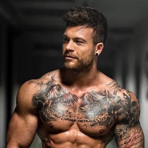 Mens Full Chest Tattoo, Upper Chest Tattoo, Symmetrical Tattoos, Mens Body Tattoos, Word Tattoo Ideas, Full Chest Tattoos, Husband Tattoo, Symmetrical Tattoo, Brother Sister Tattoo