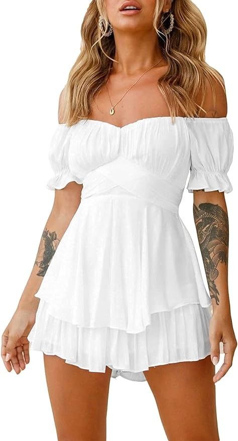 Amazon.com: Ahtyeo Women's Casual Off Shoulder Romper Double Layer Ruffle Hem Waist Tie Short Jumpsuits Long Baggy Sleeves Mini Dress : Clothing, Shoes & Jewelry Baggy Sleeves, 2023 Ideas, Off Shoulder Romper, Tie Shorts, Long Jumpsuits, Short Jumpsuit, Mini Dress With Sleeves, Women's Casual, Waist Tie