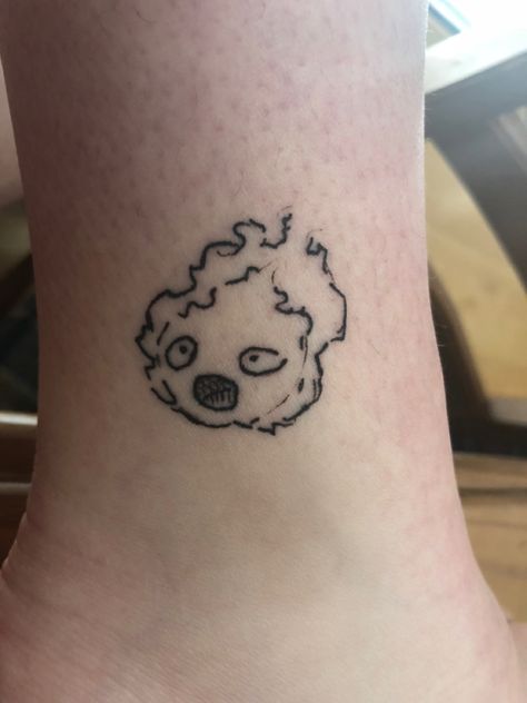 Howls Castle Tattoo, Calsipher Howl's Moving Castle Tattoo, Calcifer Howl Tattoo, Small Calcifer Tattoo, Howls Moving Castle Tattoo Calcifer, Howls Moving Castle Fire Tattoo, Fire From Howls Moving Castle Drawing, Studio Ghibli Tattoo Calcifer, Howl’s Moving Castle Tattoo Ideas