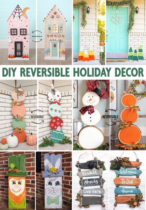 This is a big list of the cutest reversible holiday decoration ideas. Make one craft and use it for multiple seasons just by swapping it around. Who doesn’t love a good two-for-one?! It’s just so much fun to be able to switch a decoration around at the changing of the seasons. It’s also economical as you only have to buy the structural parts once. AND it saves space when you’re storing the decorations in the off season. Fall And Christmas Reversible Sign, Reversible Holiday Decor, Reversible Decor, Saving Money Diy, The Off Season, Wooden Signs Diy, Create Decor, Holiday Signs, T Love