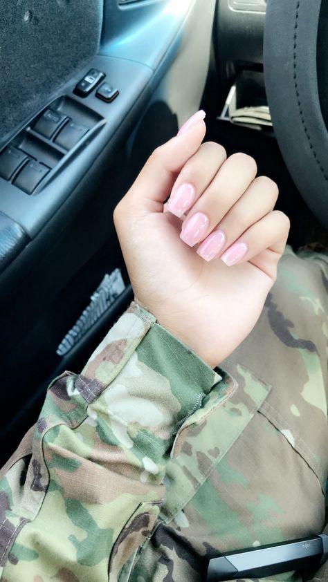 Short Nails Clear Pink, Nails For Rotc, Shorter Square Acrylic Nails, Nurse Length Nails, Elegant Short Acrylic Nails, Squavol Nails Acrylic Short, Solid Color Nails Short Square, Army Nails Regulation, Short Natural Acrylic Nails Square