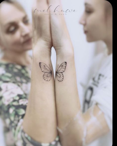 Butterfly Tattoo Sisters Tat, Matching Butterfly Wing Tattoo, Ankle Friendship Tattoos, Half Butterfly Best Friend Tattoo, Mother Daughter Tattoos Butterflies, Butterfly Friend Tattoo, Connecting Butterfly Tattoo, Butterfly Tattoo Mother Daughter, Butterfly Bff Tattoos