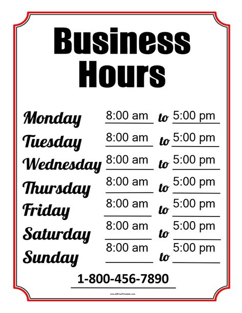 Business Hours Template - Are you looking for a Business hours signage to place at the front door of your shop? Download this printable Business Hours Sign now! Free Printable Signs Templates, Business Hours Sign Template, Business Hours Sign, Hekel Patrone, Timesheet Template, Business Letter Template, Free Printable Templates, Business Launch, Printable Business