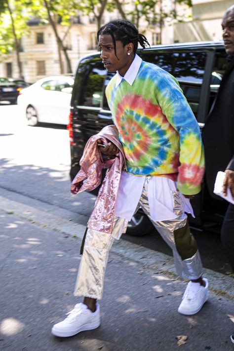 ASAP Rocky: And now, the least lazy way to wear your tie-dye sweatshirt. Tie Dye Shirt Outfit, Rocky Outfits, Asap Rocky Outfits, Asap Rocky Fashion, Pretty Flacko, How To Tie Dye, Best Dressed Man, Outfit Streetwear, Tie Dye Diy