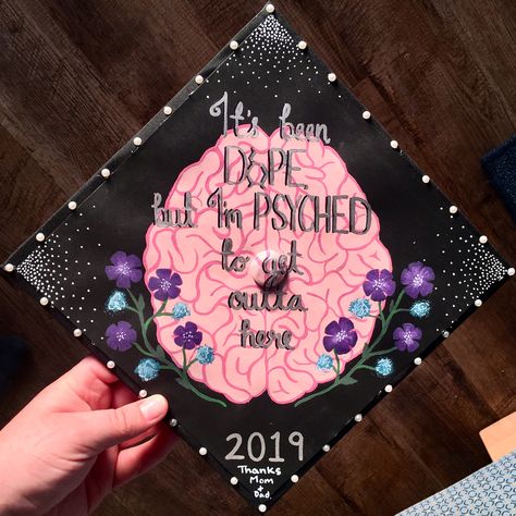 Psychology Graduation Cap Psychology Grad Party Ideas, Counseling Cap Decoration, Psychology Graduation Cap Ideas Funny, School Counselor Graduation Cap, Graduation Caps For Psychology Majors, Psychology Graduation Photoshoot Ideas, School Psychology Graduation Cap, Psychology Major Graduation Pictures, Graduation Cap Ideas Psychology