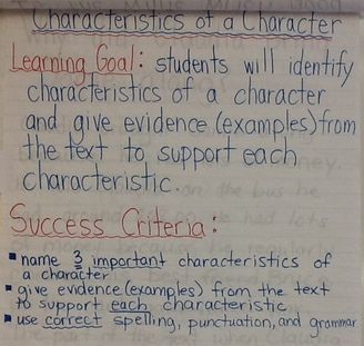 Characteristics of a Character Anchor Chart with Learning Objective and Success Criteria Success Criteria Display Bulletin Boards, Writing Success Criteria, Success Criteria Display, Teacher Clarity, Character Anchor Chart, Character Characteristics, Learning Intentions And Success Criteria, Proficiency Scales, Backwards Design