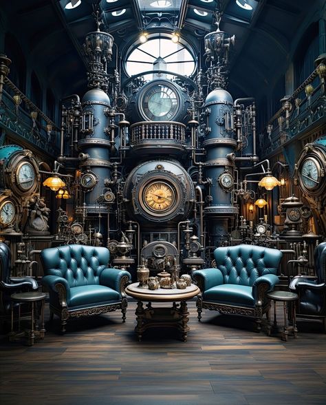 Fantasy Interior Design Concept Art, Steampunk Room Ideas, Fantasy House Interior, Steampunk Factory, Steampunk Building, Steampunk Workshop, Steampunk Room, Steampunk Office, Steampunk Architecture