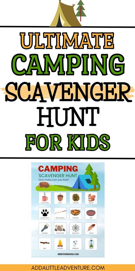 Fun outdoor camping scavenger hunt for kids with 16 nature-themed items like squirrels, wildflowers, and smooth rocks. Camping Scavenger Hunt Printable, Camping Scavenger Hunt For Kids, Scavenger Hunt Ideas For Kids, Outdoor Camping Games, Camping Scavenger Hunts, Outdoor Scavenger Hunt, Scavenger Hunt Ideas, Camp Games, Scavenger Hunt Printable