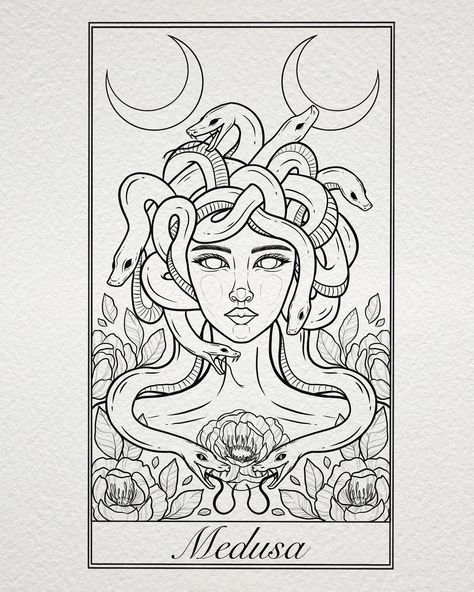 Matching Medusa Tattoos, Medusa Tattoo Tarot Card, Tarot Card Tattoo Stencil, Card Tattoo Stencil, Medusa Tarot Card Tattoo, Medusa Tarot Card, Tarot Card Tattoo Design, Medusa Illustration, Mythological Women