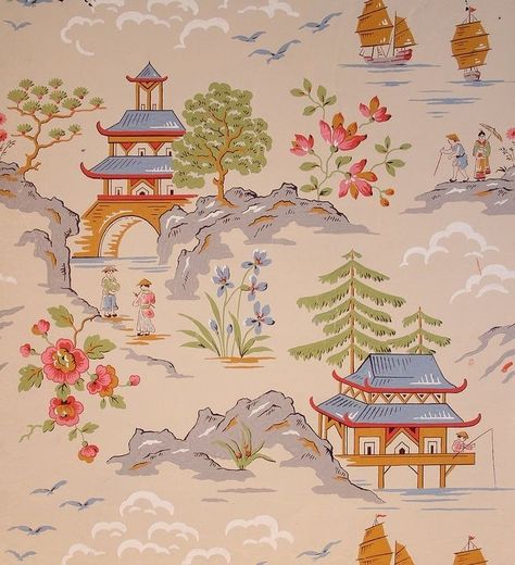 Chinoiserie Patterns, Furnishing Fabrics, Japan Landscape, French Paper, Japanese Landscape, Japanese Embroidery, Landscape Drawings, Wall Decorations, Gouache Painting