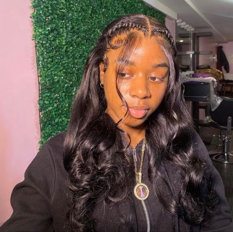 2 Braids In The Front With Hair Down Wig, Homecoming Hairstyles Sew In, Homecoming Hairstyles Wigs, Homecoming Lace Front Hairstyles, 2 Braids Frontal Wig, Frontal Wig With Two Braids, Two Braids On Wig, Cute Sweet 16 Hairstyles Black, Braided Frontal Hairstyles